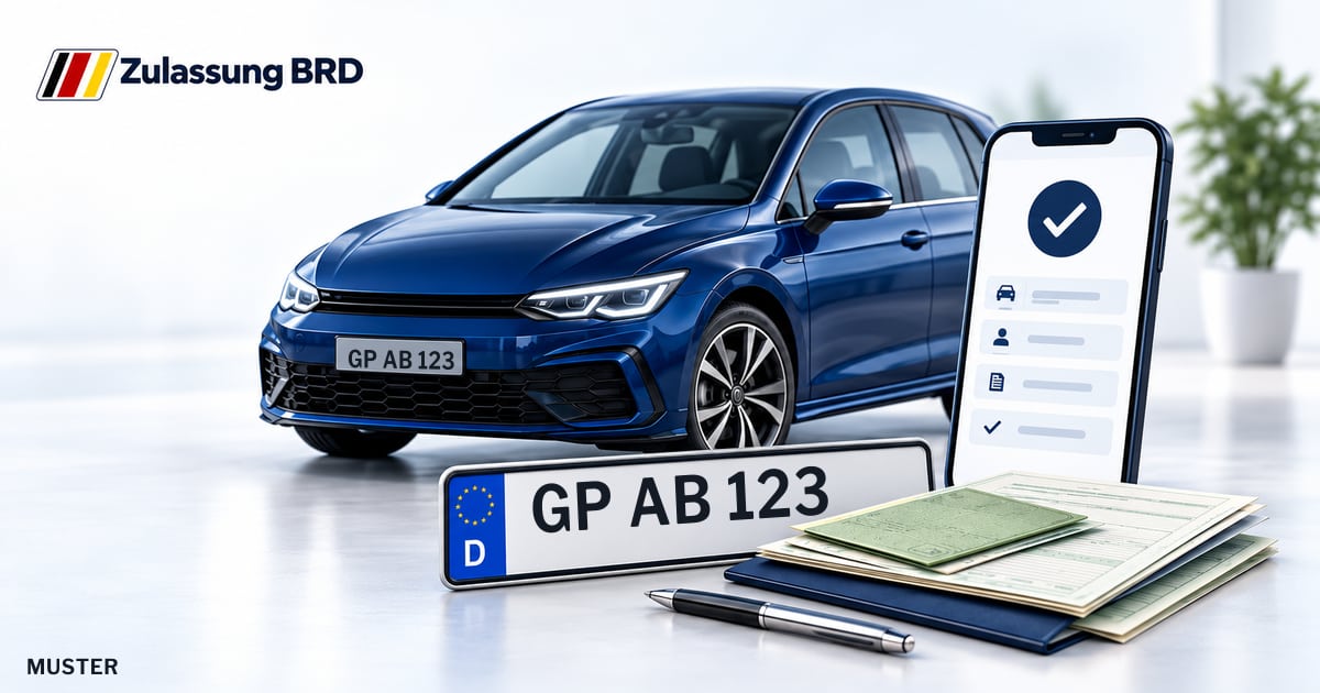 Online Fahrzeugzulassung in Uhingen: Musterkennzeichen GP AB 123, Auto und Fahrzeugpapiere und Smartphone. Illustration mit Logo von Zulassung BRD.